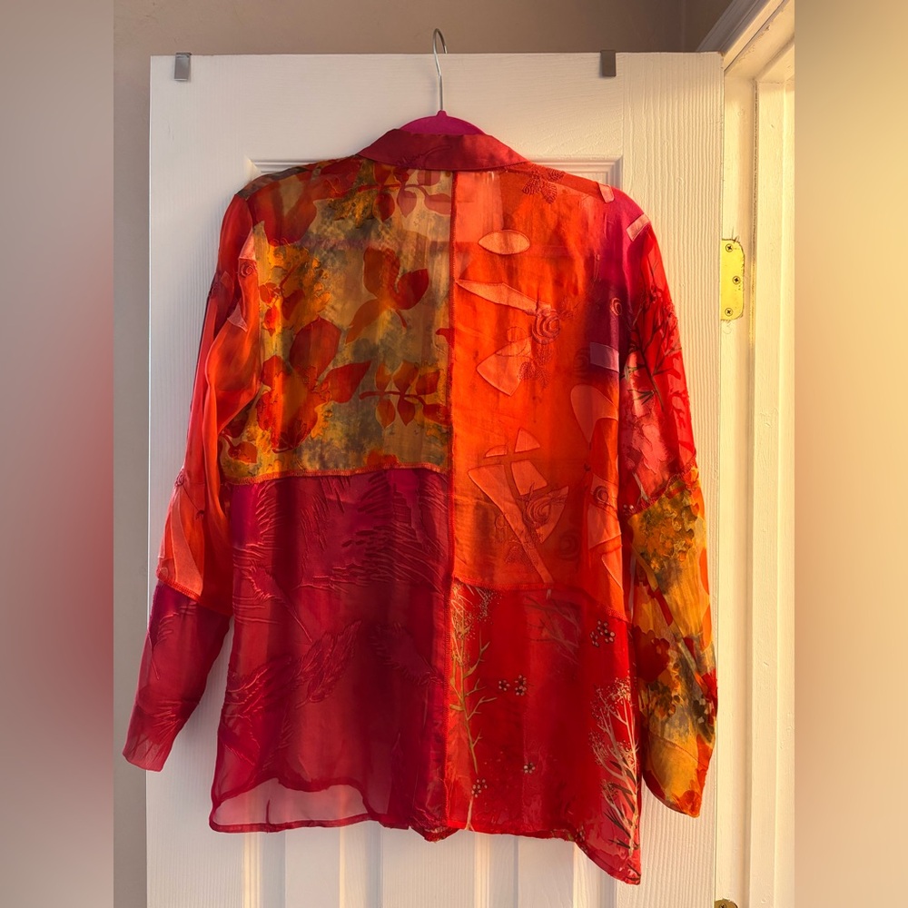 Chico's Vibrant Red and Orange Silk Semi Sheer Blouse - Picture 2 of 4